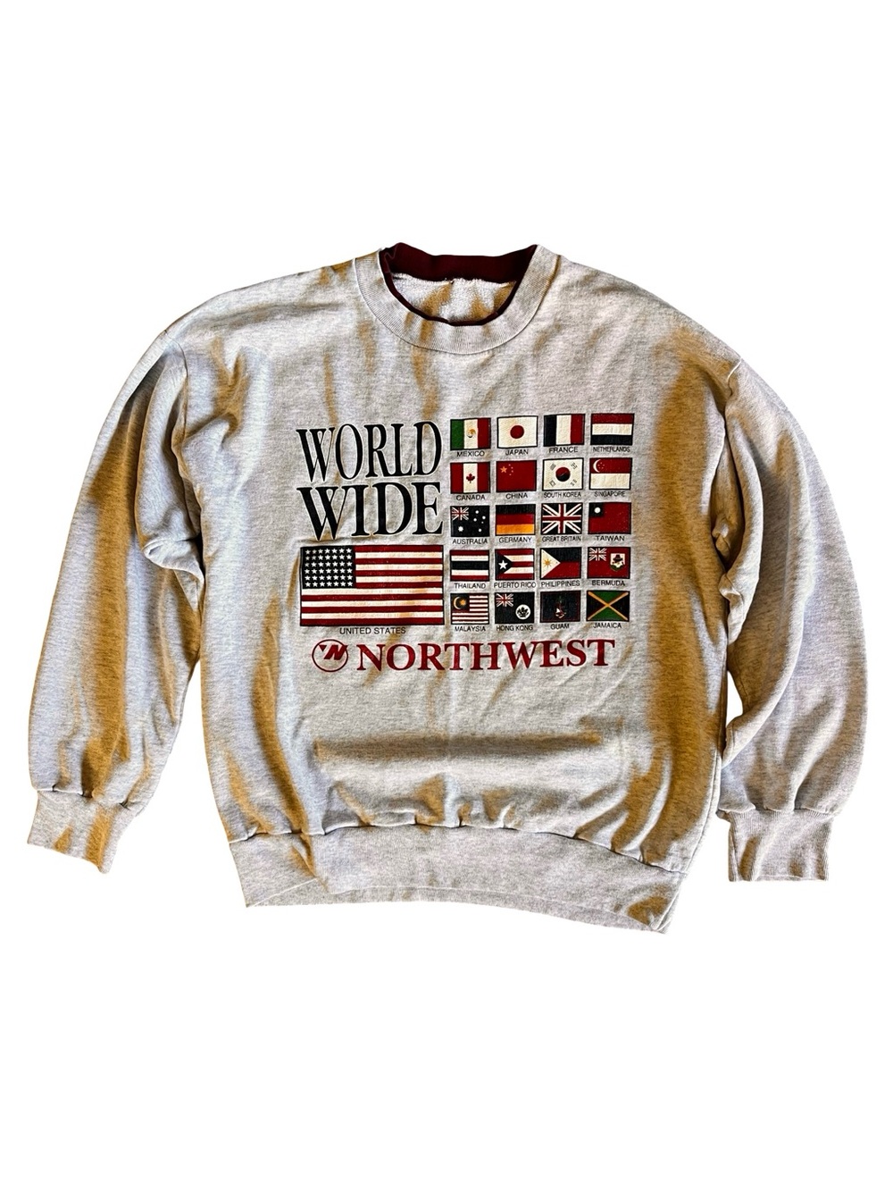 VTG 90s NORTHWEST Airlines Worldwide Flags Gray Graphic Crewneck Sweatshirt USA